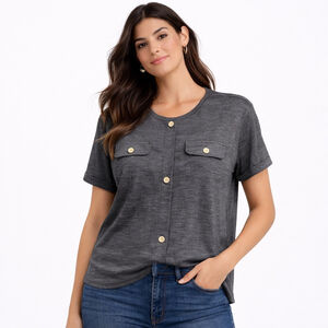 NWT Women's Love Scarlett Dark Indigo Short Sleeve Tee M with Gold Buttons